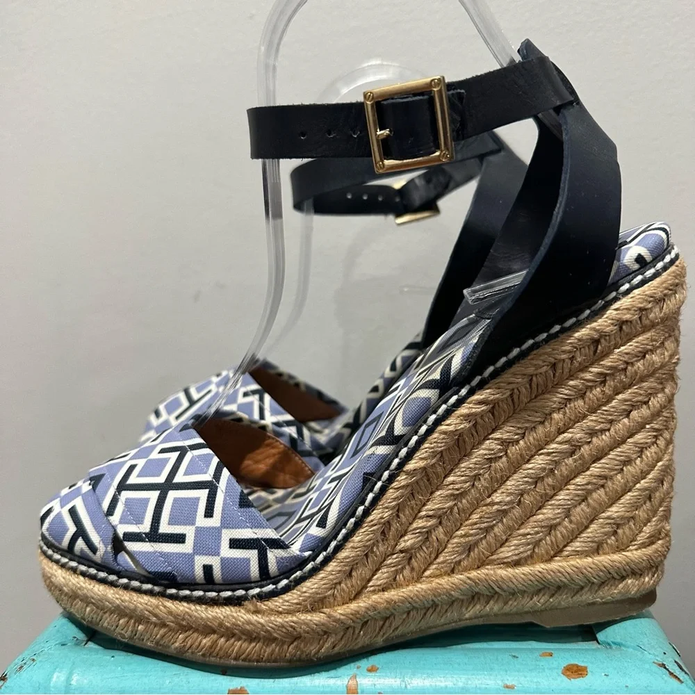 Tory Burch Navy Espadrille Wedge Ankle Strap All Over Logo Print Size 8 B